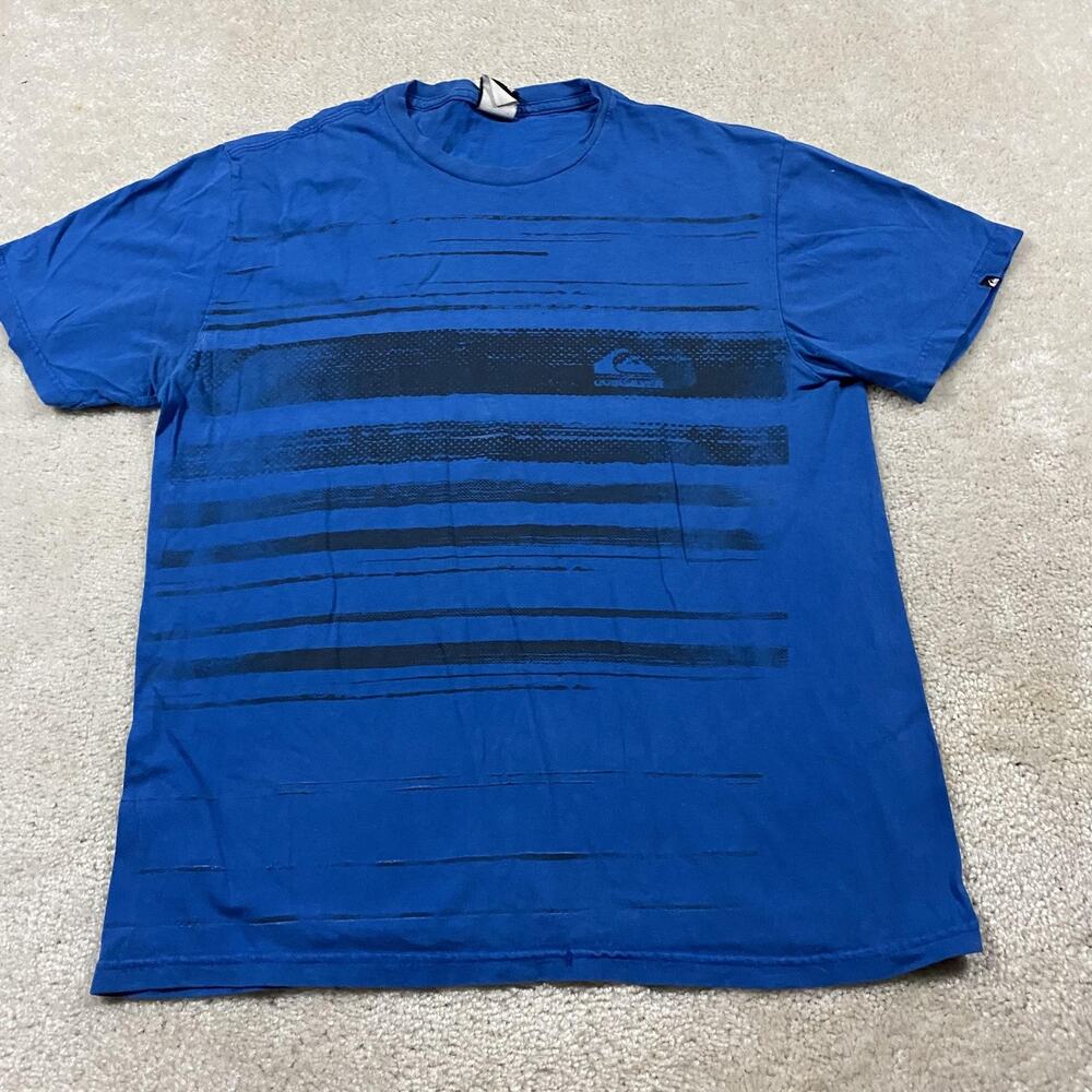 Y2K Quiksilver‎ Shirt Mens L Blue Stripe Graphic Surf Tee Crewneck Skater Grunge